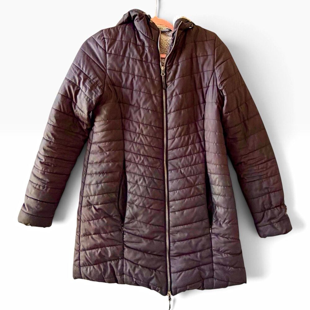 New Balance Womens S Long Puffer Coat Sherpa Lined Hooded Brown Quilted Parka
